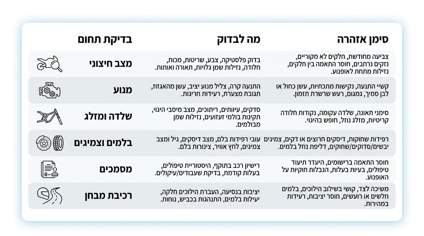 צ'ק ליסט מהיר לבדיקת מסמכים והיסטוריית טיפולים של אופנוע משומש